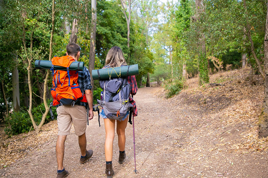 back-view-couple-going-along-road-forest-long-haired-woman-man-carrying-backpacks-hiking-nature-together-green-trees-background-tourism-adventure-summer-vacation-concept